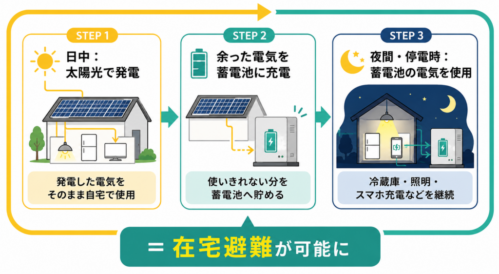 太陽光で発電し、余った電気を蓄電池に貯めて、夜間や停電時に使用することで在宅避難を実現する仕組みを示したフロー図。