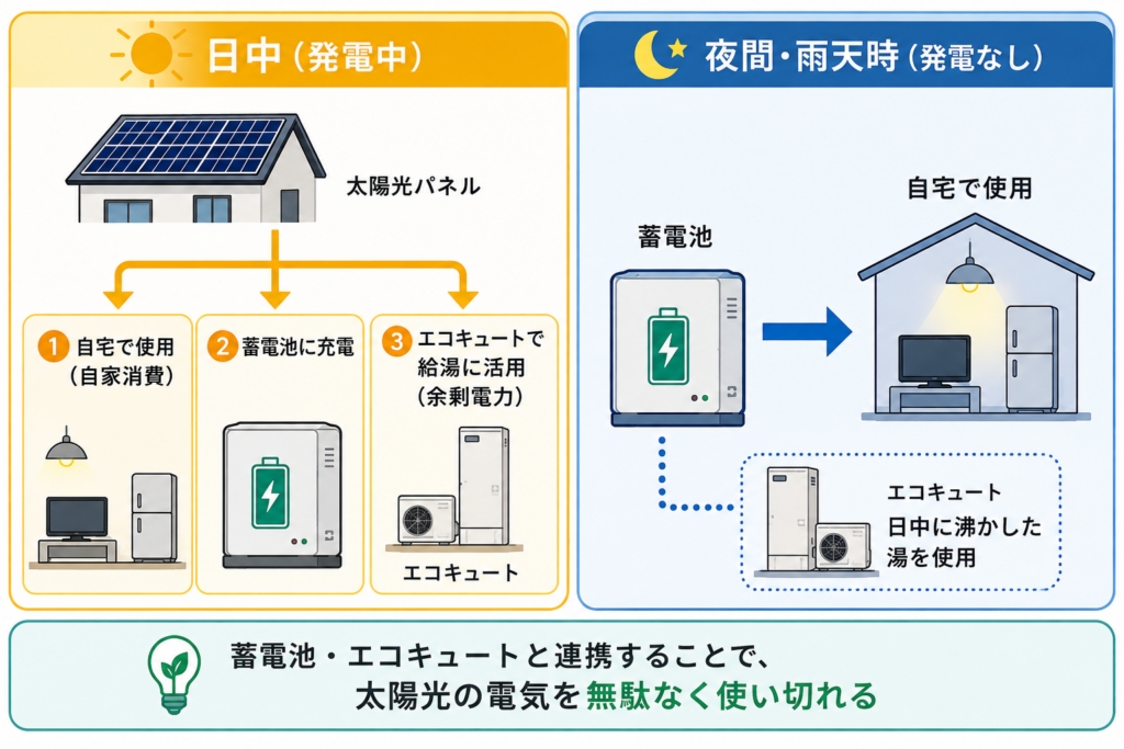 太陽光発電の電気を日中は自家消費・蓄電・エコキュートに活用し、夜間や雨天時は蓄電池と日中に沸かしたお湯を利用する電気の流れを示したフロー図。