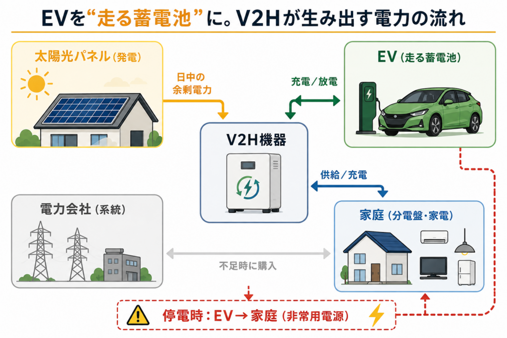 V2H機器を中心に、太陽光・EV・家庭・電力会社の電気の流れと、停電時にEVから家庭へ給電する仕組みを示したフロー図。