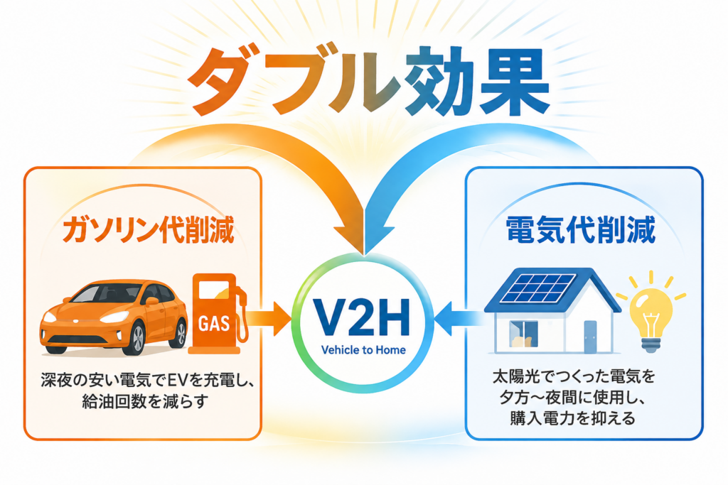 V2Hによるガソリン代削減と電気代削減のダブル効果を示した概念図。
